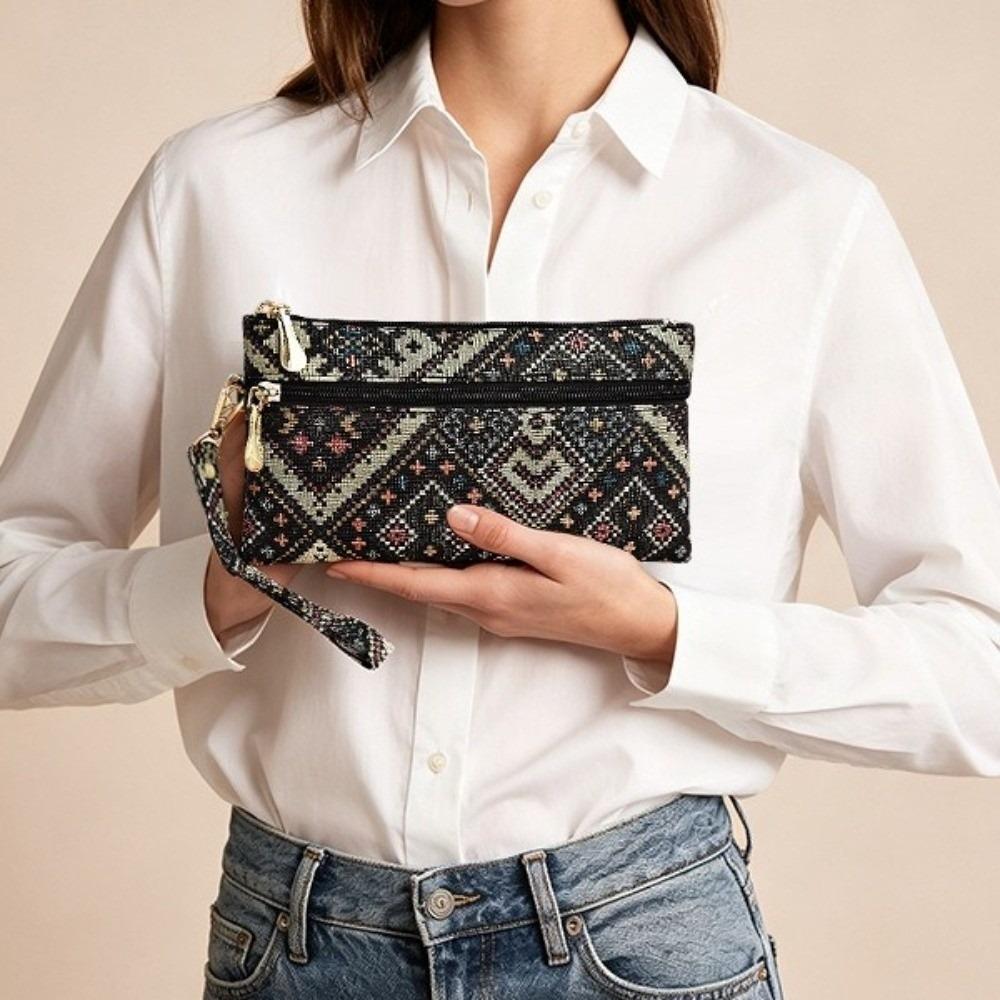 Retro Ethnic Style Clutch Purse Double Zipper Wristlet Wallet Long Wallet Cell Phone Storage