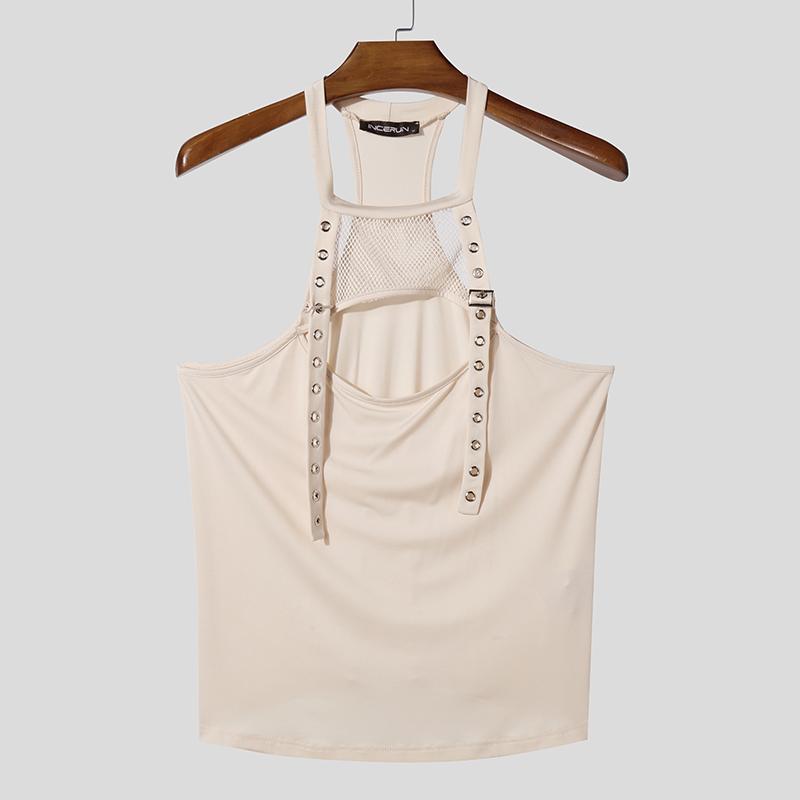 INCERUN Pánská letní tílka na ramínka bez rukávů síťovaná dutá patchworková s výstřihem přiléhavá