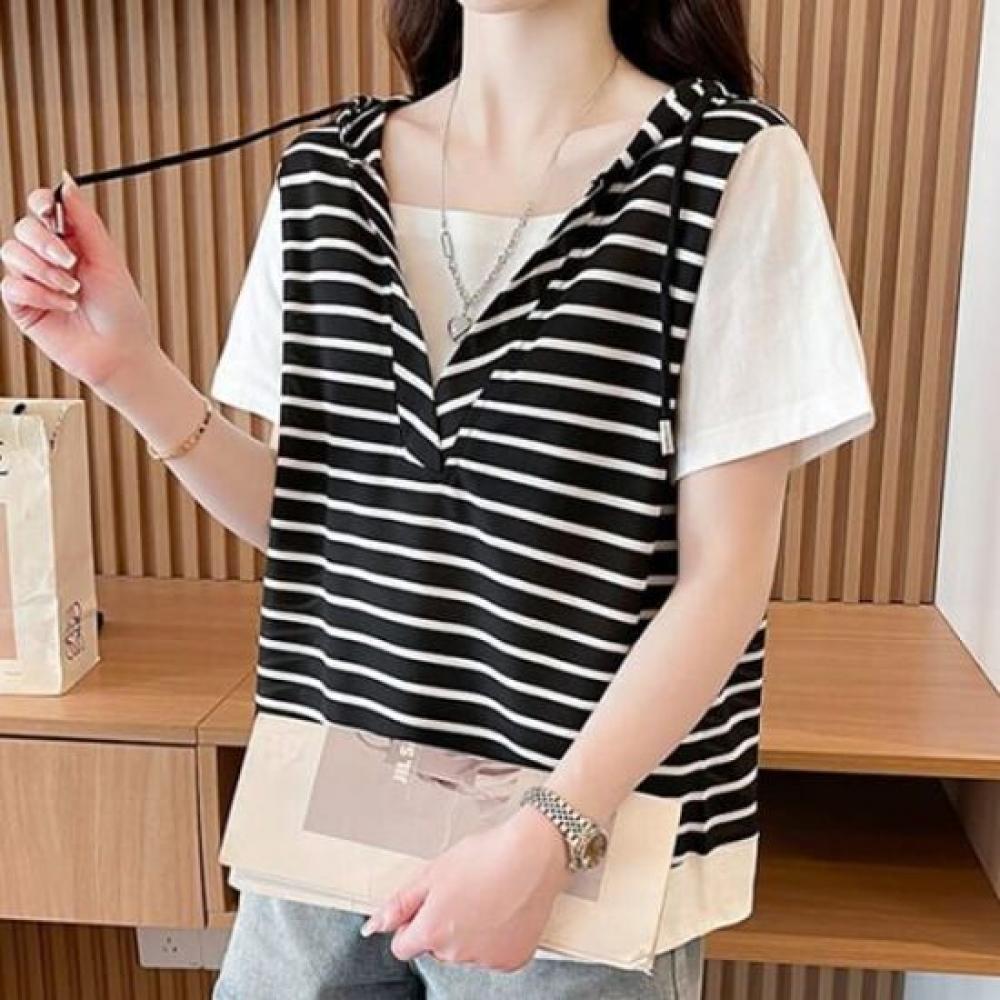 Navava Women 2in1 Hood STripe ShorT Sleeve T shirT nT2478