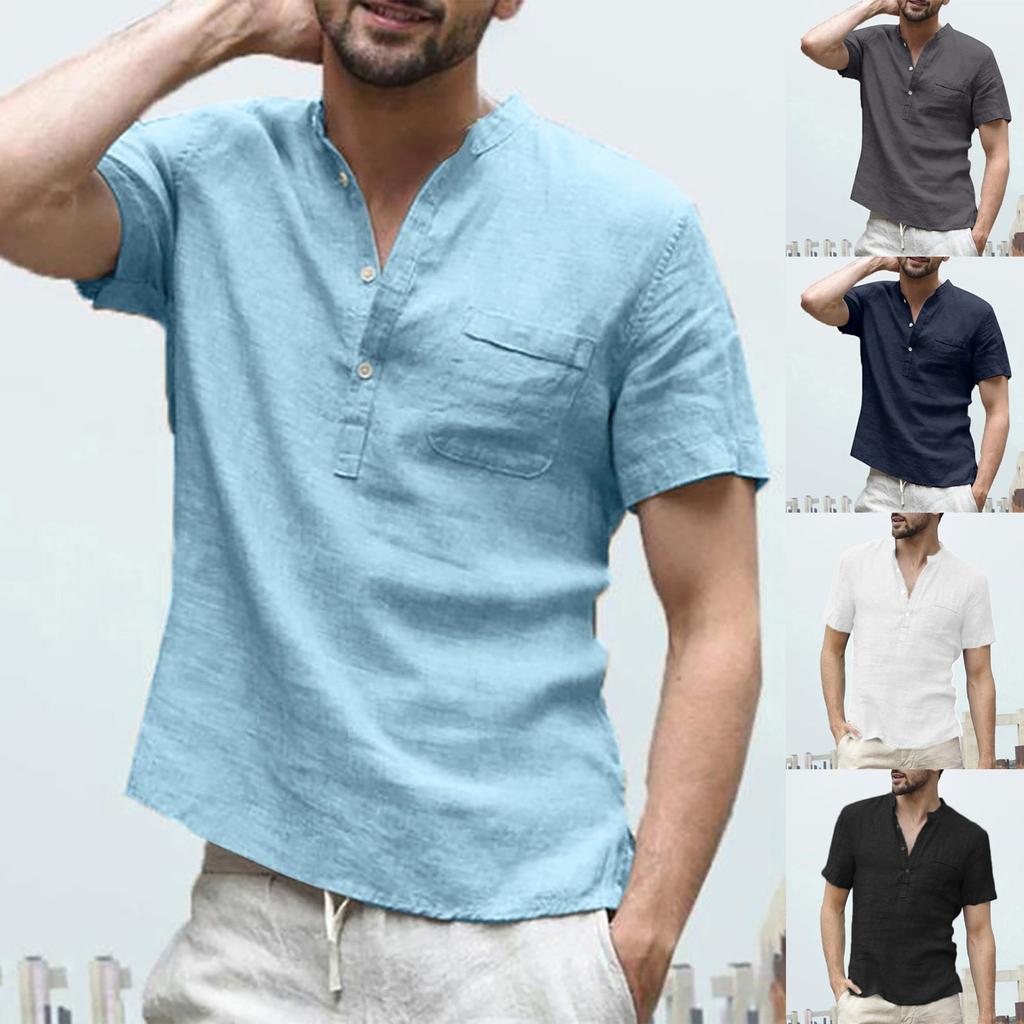 Men's Baggy Cotton Linen Solid Color Short Sleeve Retro T Shirts Tops Blouse