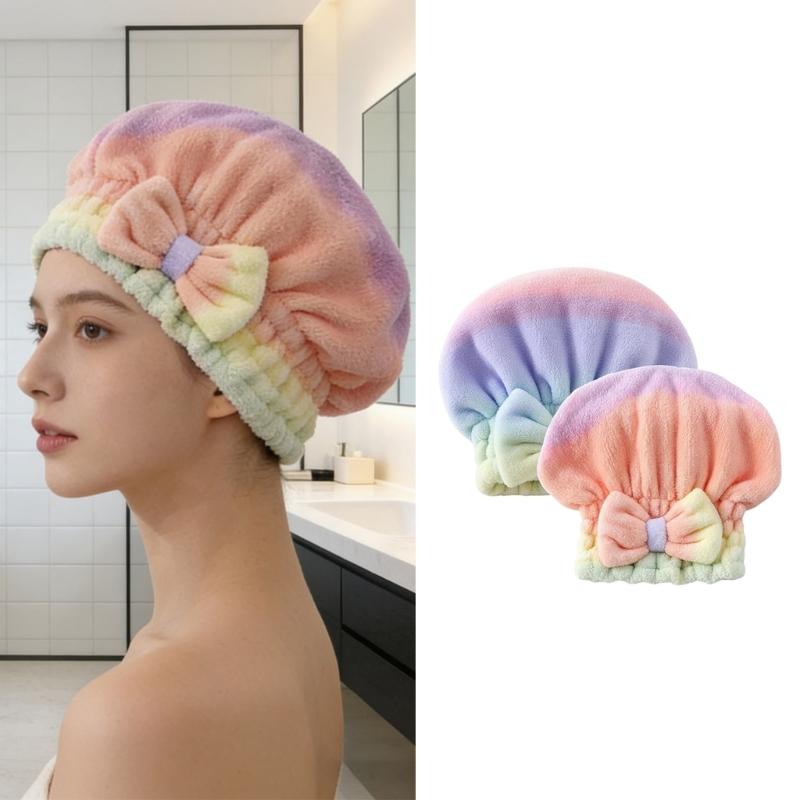Pack of 2 Super Soft Corals Fleece Bath Cap Rainbow Gradients Fast Drying Elastic Hair Towel Wrap Turban for Women