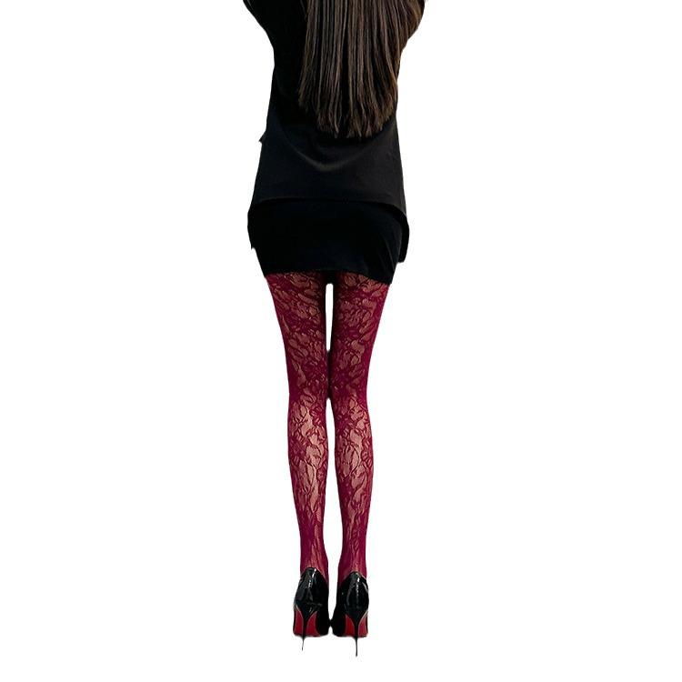 Burgundy Fishnet Stockings with Floral Pattern – Thin Black Jacquard Net Socks 3116
