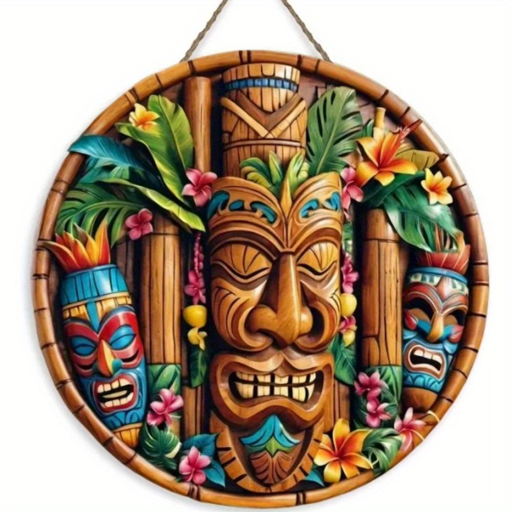 1pc 2d Flat Hawaiian Tiki Mask Bar Sign - 20cm Round Wood Art Decoration for Home, Garage, Cafe, Restaurant, Bar, BBQ, Beach, Resort Decoration