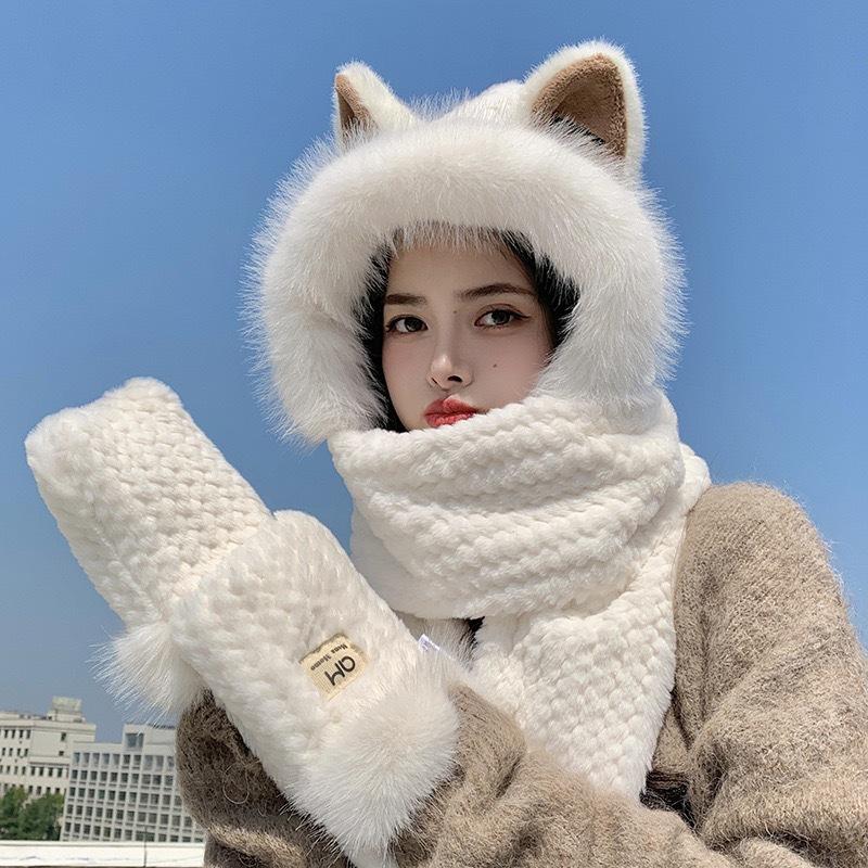 Hat women's winter scarf gloves integrated hat fox ears cold warm plush hat cute versatile pullover hat