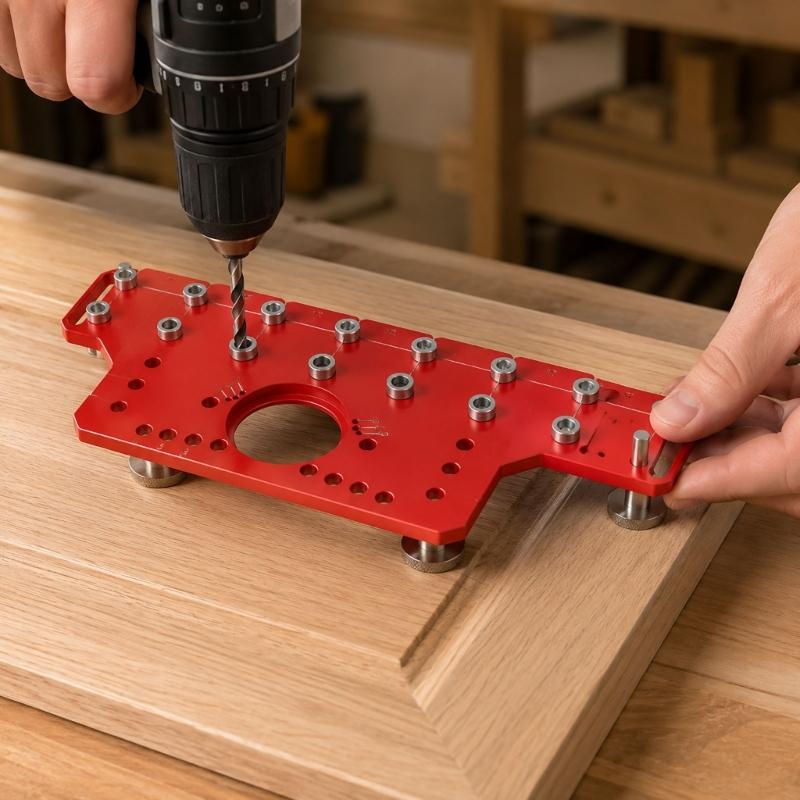 Cabinet Hole Drilling Guide with Aluminum Plate, Guide Bushings and Metal Parts for Shelf Pin Layout and Furniture Assembly Work Tasks