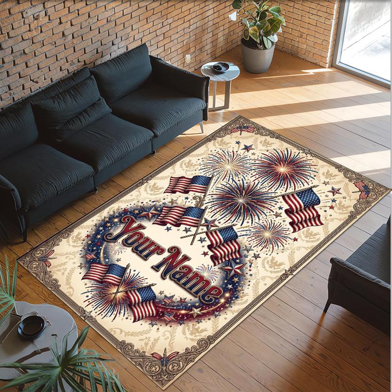 American Patriotic Theme Crystal Velvet Rug Personalized Custom Name Text Soft Floor Mat Home Decor