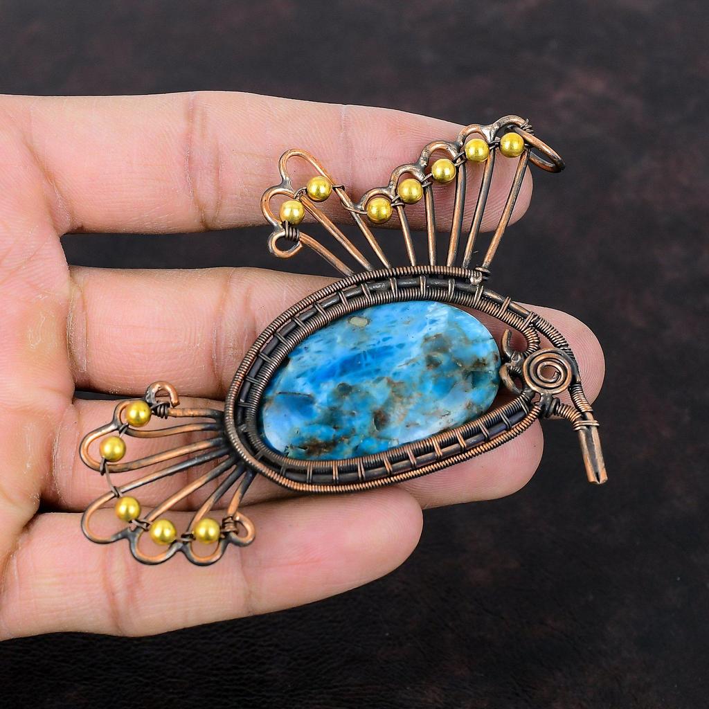 Pandantiv Apatit Neon Pandantiv Înfășurat în Sârmă de Cupru Pandantiv Făcut Manual Bijuterii Frumoase din Cupru Pandantiv Delicat cu Pasăre Bijuterii cu Pietre Prețioase Cadou Pentru El