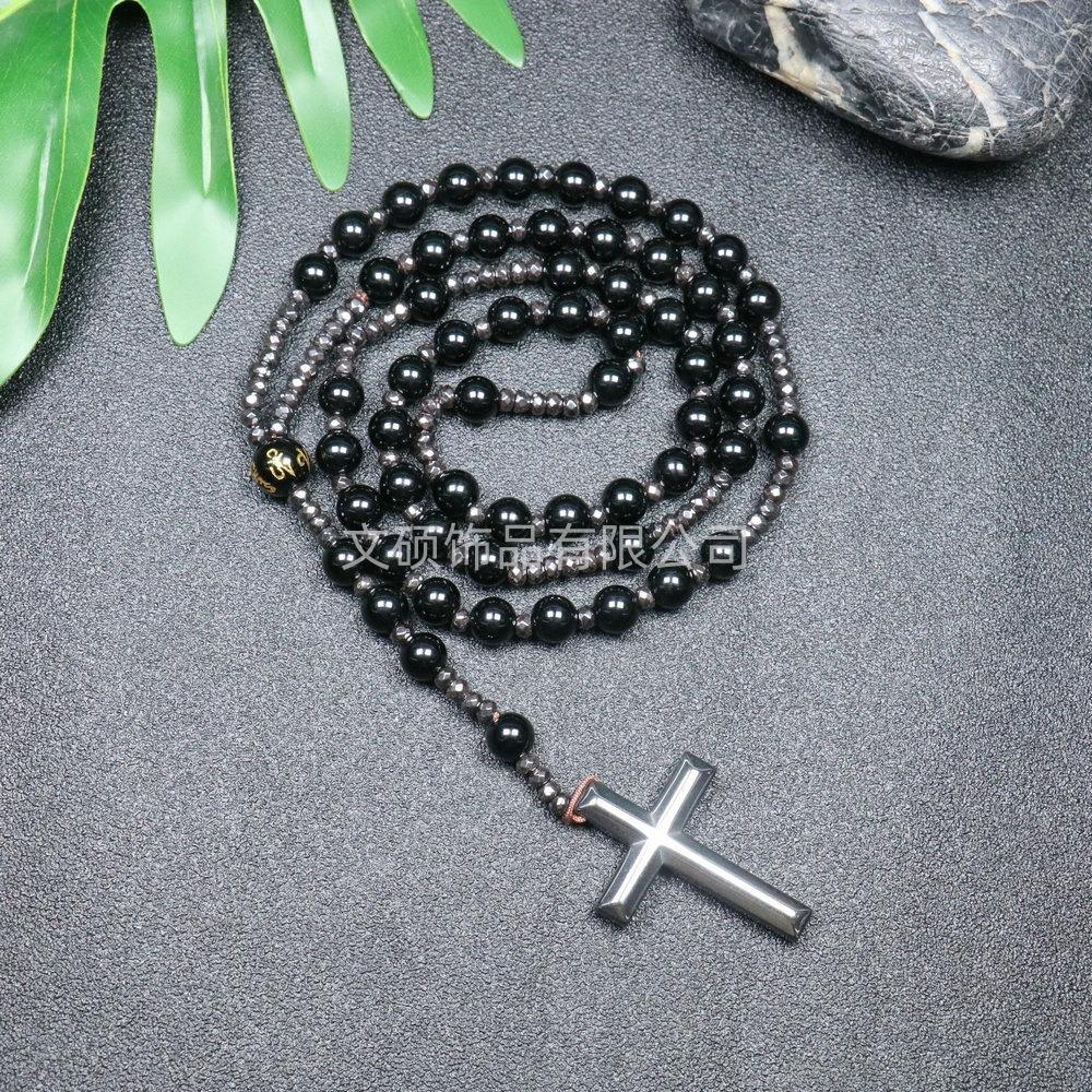Collier pendentif croix en pierre naturelle, Croix en pierre d'œil de tigre et fer à bille chapelet collier pour homme