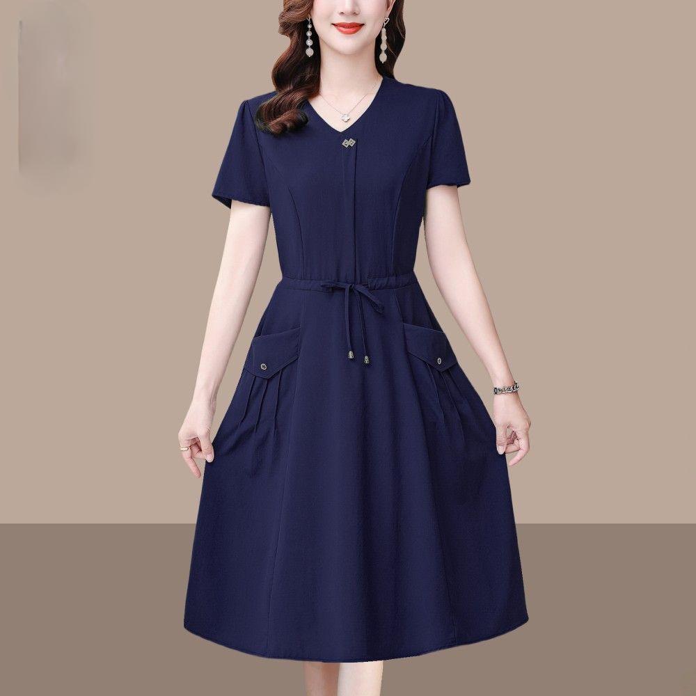 Fashion Summer Solid Color Short Sleeve Dress for Women Slim Fit Waist Cover Belly Elegant