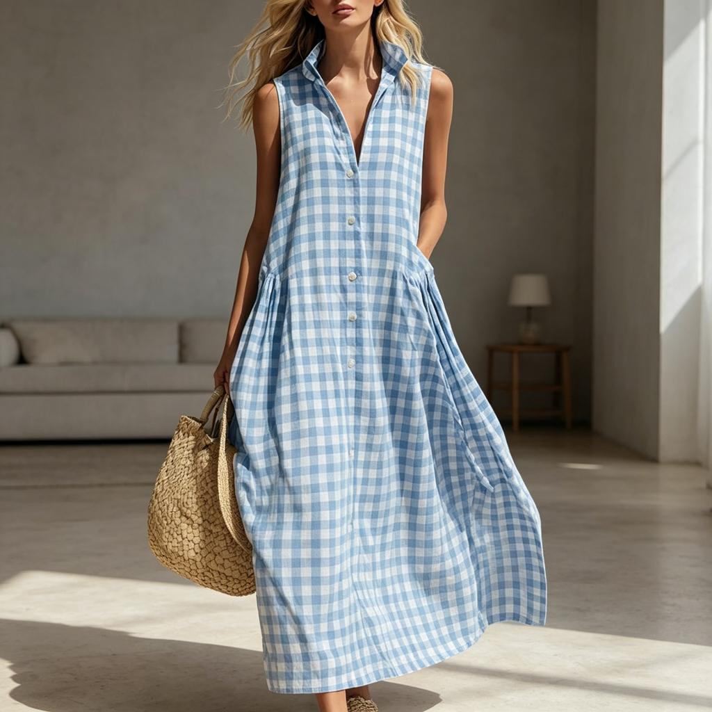 2026 European and American Summer New Dress Loose, Comfortable, Sleeveless Plaid Women's Wear