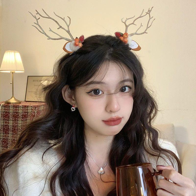 Christmas Deer Hair Clips for Women, Fairy Forest Elf Antler Headband, Fuzzy Pair Clips for Photos, Xmas Gift Accessories
