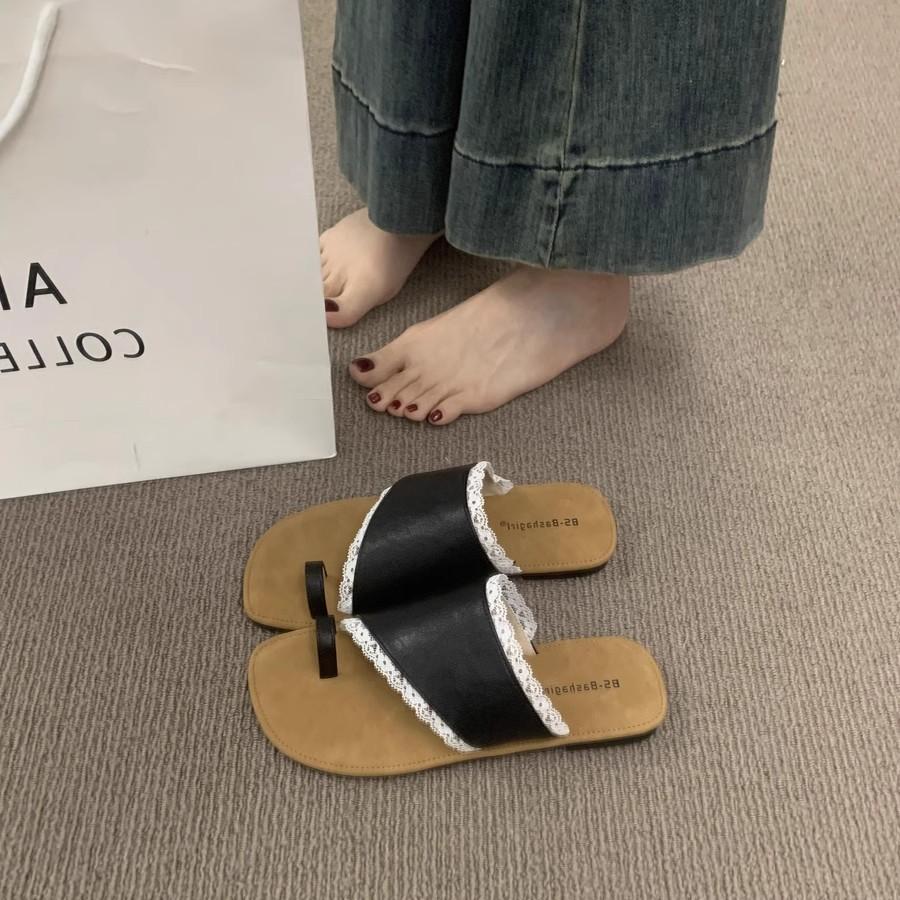 French beautiful lace edge toe slippers female summer wear bohemian fairy wind beach sandals