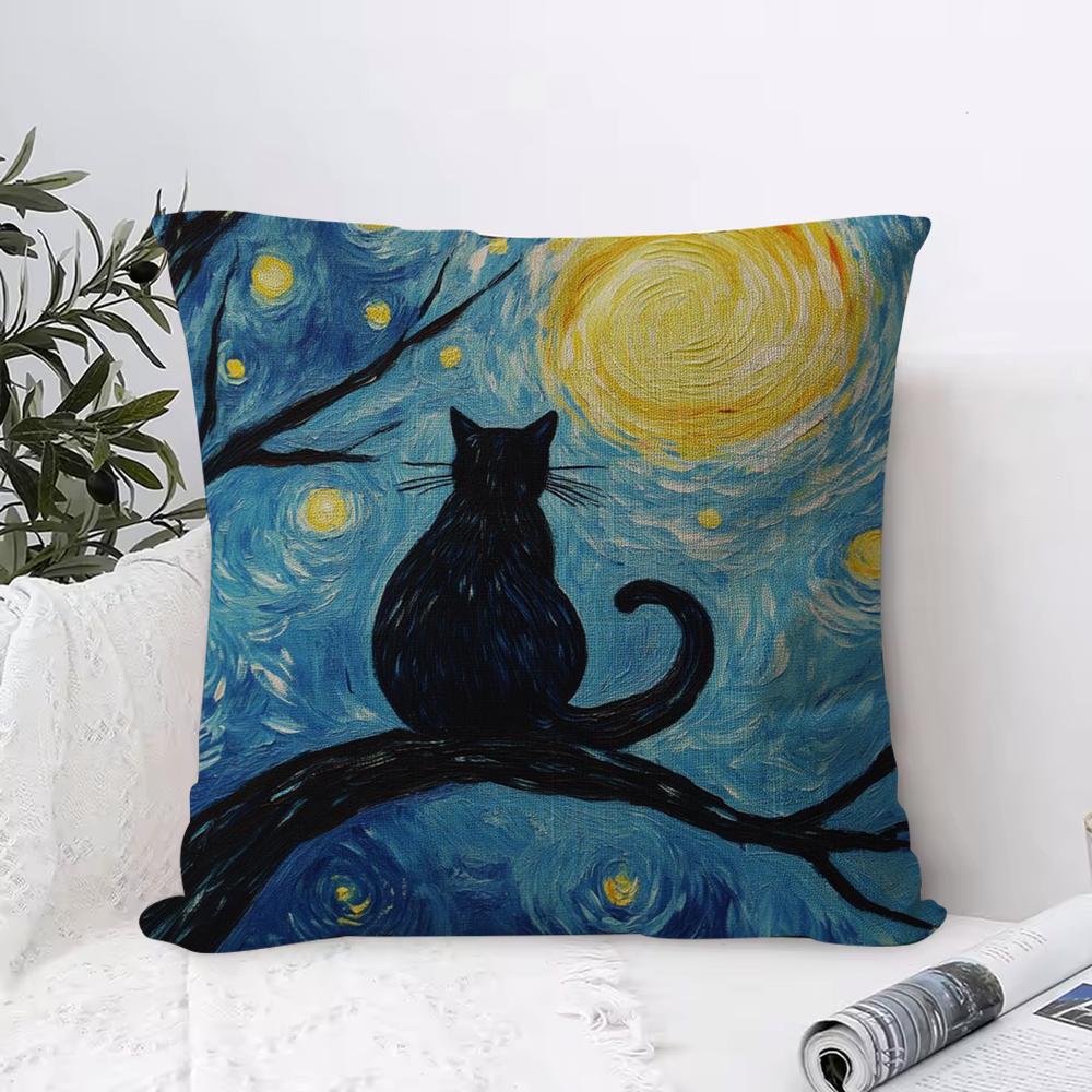 Van Gogh Starry Sky Cat Cushion Cover Eco Linen Pillow Case DoubleSided Print Breathable Durable Zipper Home Decor Gift