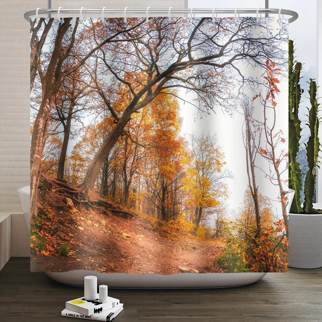 Fall Forest Natural Scene Shower Curtain for Bathroom Autumn Maple Tree Plants Rural Landscape Pumpkin Waterproof Shower Curtain