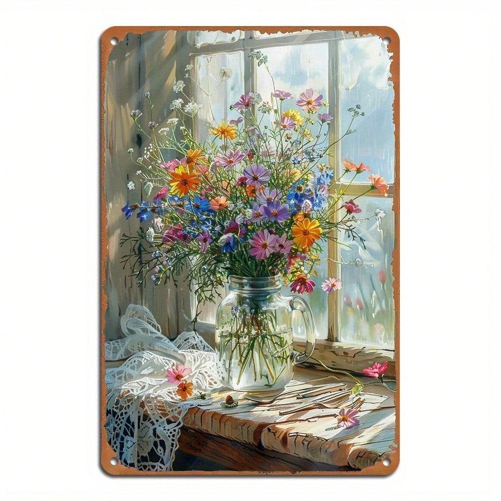 Metal Vintage Floral Wall Art Rustic Home Decor Farmhouse Kitchen Sign Retro Vase Hanging