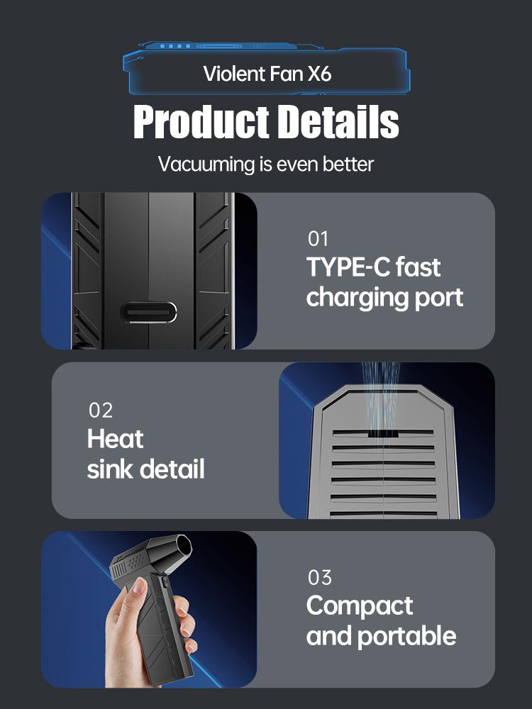 X6 Pro Violent Fan 400000RPM Powerful Air Blower Vacuum Dust Cleaner Type-C Charging Winds 53m/s Brushless Turbo Jet Blower Fan