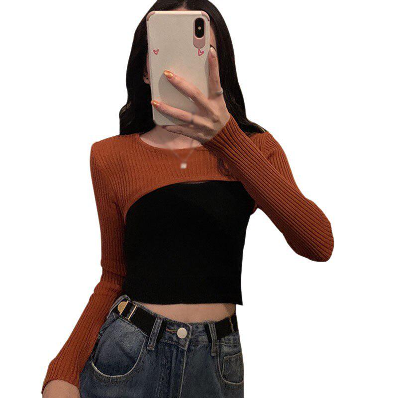 Short Stacked Knitted Top Women T-Shirts Autumn Slimming Suspenders Vetements