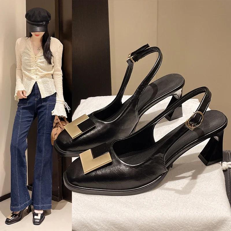 Women's Sandals Square Toe Metal Decoration Leaking Heel One Kick Women's High Heels Leisure Cover Toe French Sandalias De Mujer