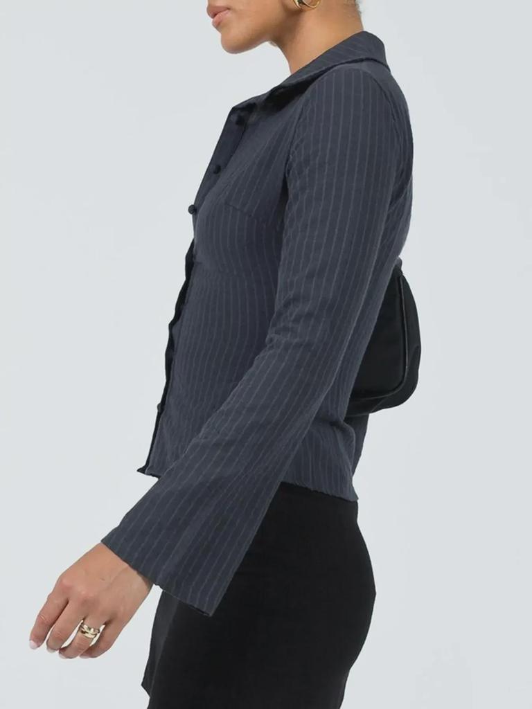2024 European & American Spring/Autumn Striped Slim-Fit Button-Down Cardigan with Lapel