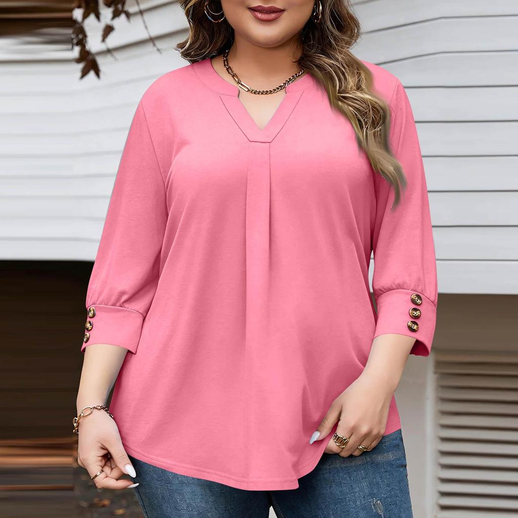 Women's Fashionable Casual Plus-Size V-Neck Button-Down Short-Sleeve Top