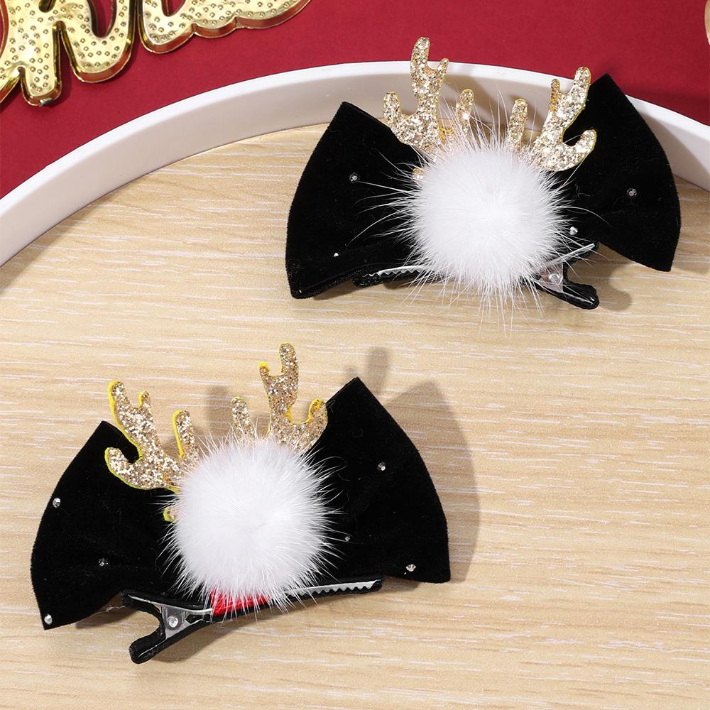 2Pcs Christmas Retro Velvet Bow Hair Clips For Girls Sweet Glitter Reindeer Antlers Rhinestone-embellished Hairpins Accessories
