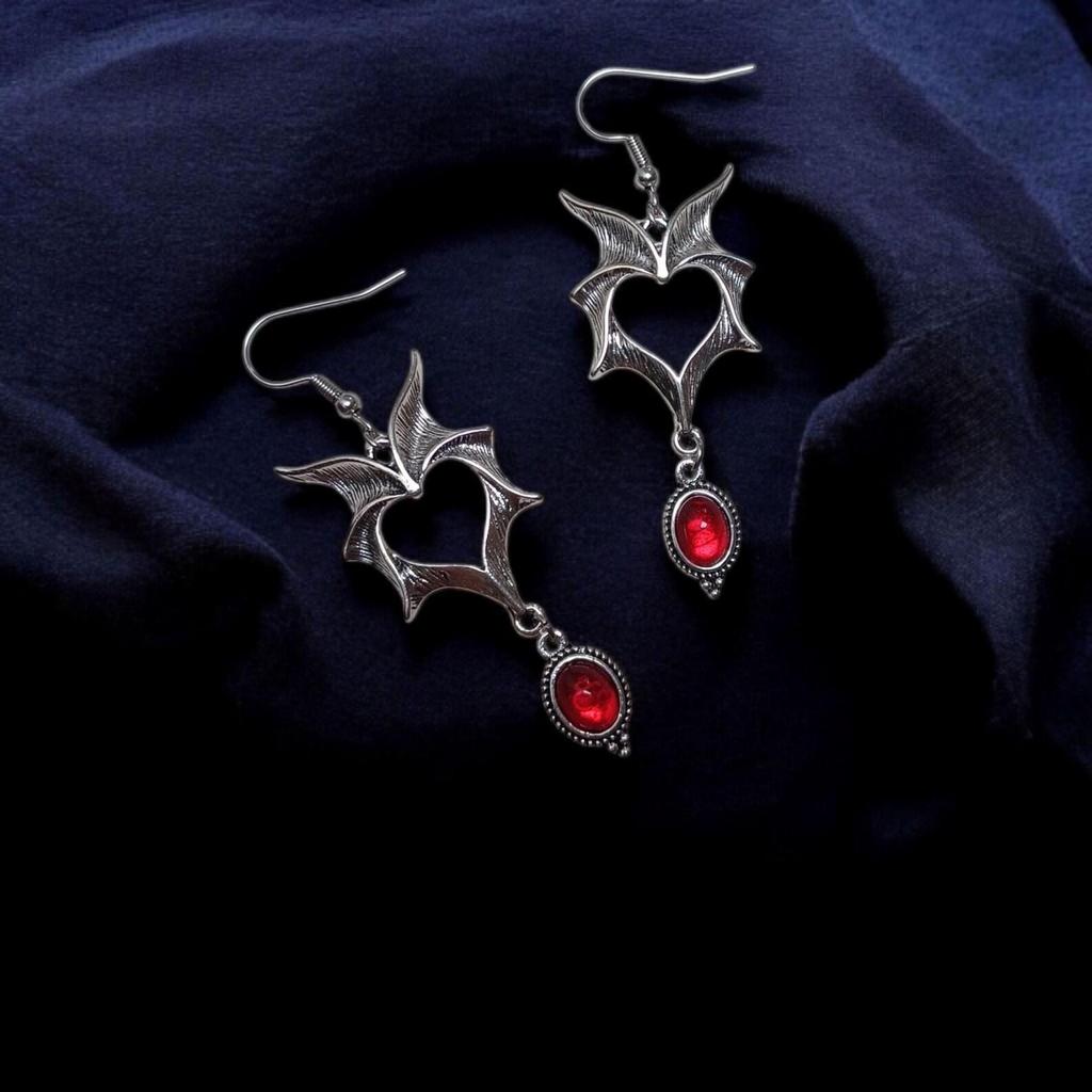 Victorian Vampire Bat Heart Earrings with Glass Pendant