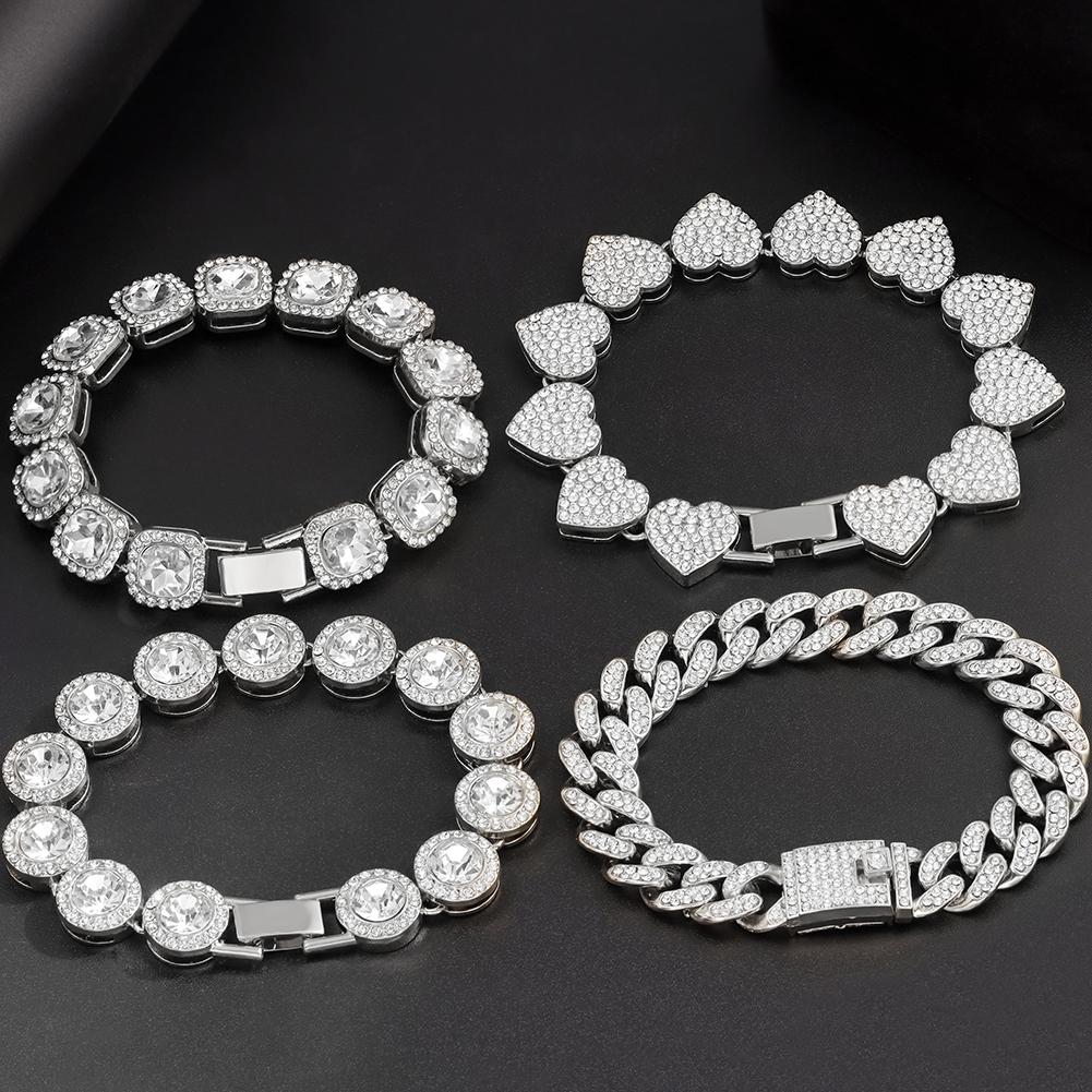 1Pcs Pink Rhinestones Miami Cuban Chain Bracelet for Women Men Iced Out Chunky Tennis Bracelets Fashion Gifts Jewelry Wholesale