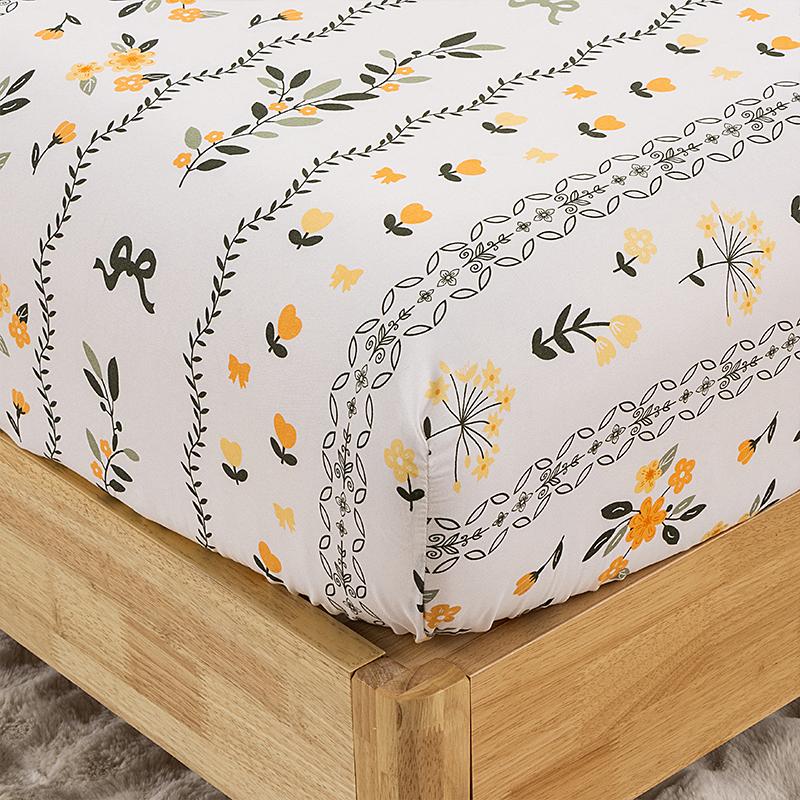 3Piece Green Leaf Orange Flower With Bed Linen Elastic Design Mattress Protective Cover 1Fitted Linen 2Pillowcases Flower Patterns