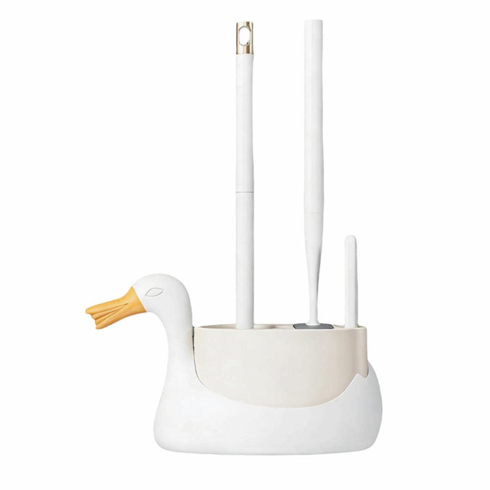 Wall-Mounted Cartoon Swan Toilet Brush With Base White Grey Cleaning Tool Soft Rubber Brush Head All-Round Cleaning
