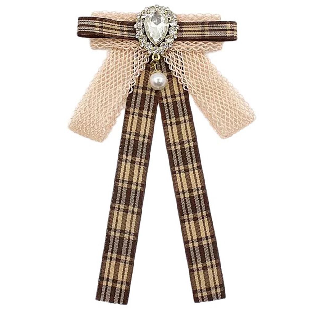 Vintage Brown Plaids Ribbon Bows Tie Brooch Pin for Women Girl Japanese Preppy Uniform Pre Tied Bowknot Corsage Necktie