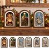Decorative Wall Mounted Art Vintage Arched Wooden Photo Frame with Christmas Illustration, Retro Distressed for Home Decorations Desktop And