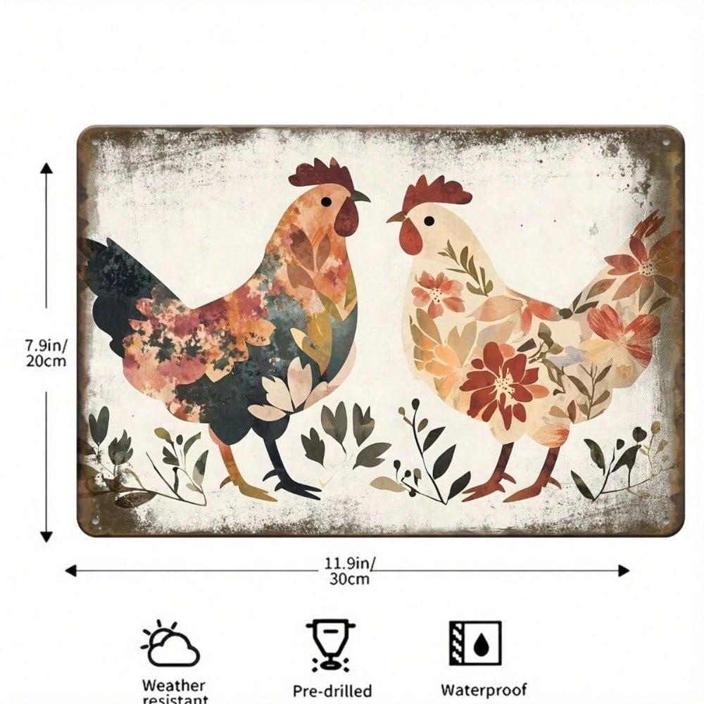 Rustic Vintage Metal Sign Farmhouse Chicken Flowers Wall Decor 2D Flat Tin Plaque for Country Kitchen Living Room Dining Bar