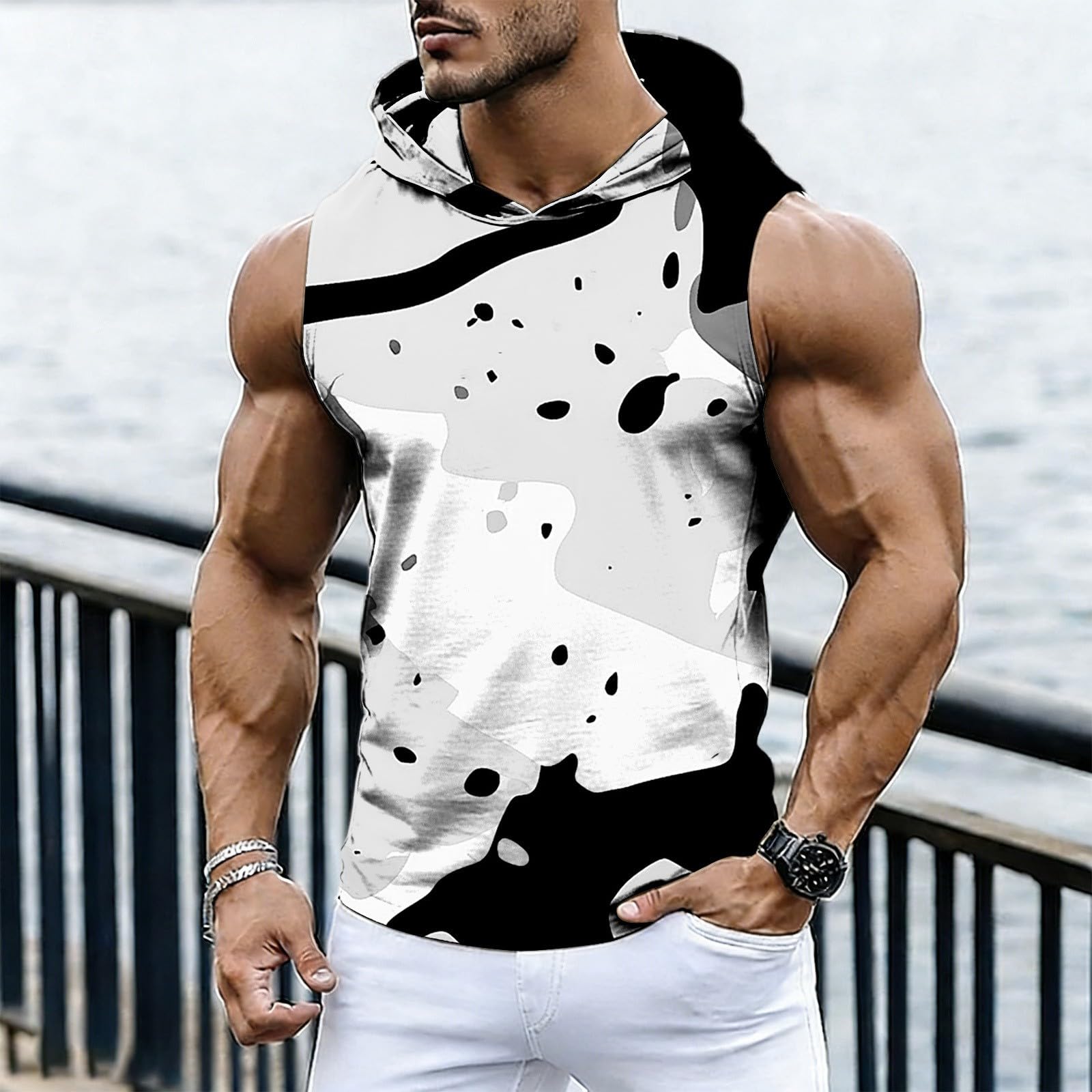 

Men s Casual Fashion Printed Sleeveless Hooded Tops | Lightweight Summer Hooded Tank Tops XL шафрановий