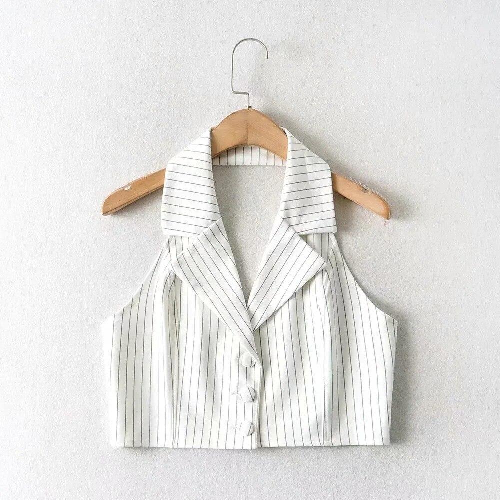 Multicolor Lapel Suit Style Women Crop Top Summer Sleeveless Halter Tank Stripes Print Button Single-Breasted Camisole 2023