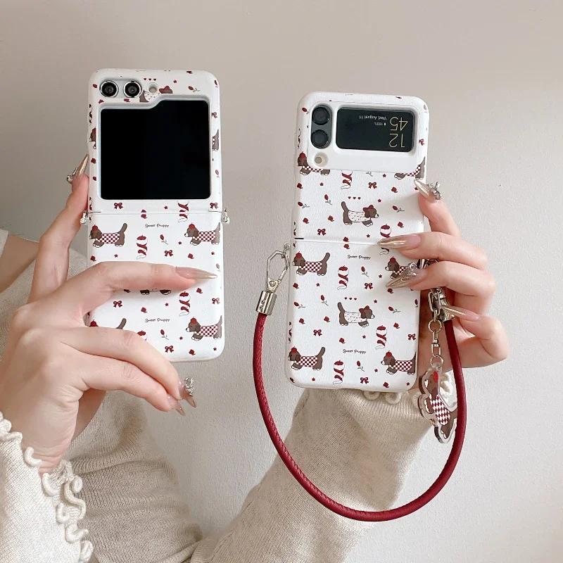 Cute Cartoon Dog Case For Samsung Galaxy Z Flip 6 5 4 3 5G Flip6 Flip5 Hinge Protection Lovely Pendant Leather Hand Strap Cover