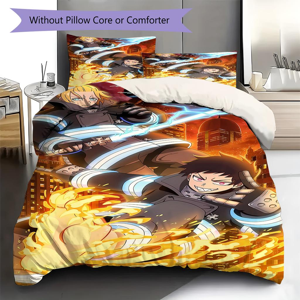 Fire Force  Pattern Bedding,Quilt Set Quilt Cover Pillowcase Home Birthday Gift (1 * Duvet Cover + 2 * Pillowcase, Without Core)