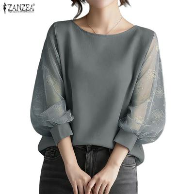 Women Casual Round Neck Mesh Splice 3/4 Sleeve Blouse