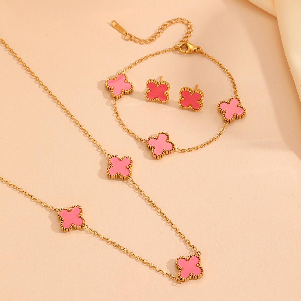 

3 шт. комплект ювелирных изделий из нержавеющей стали с клевером, не выцветающий, подарочный розовый