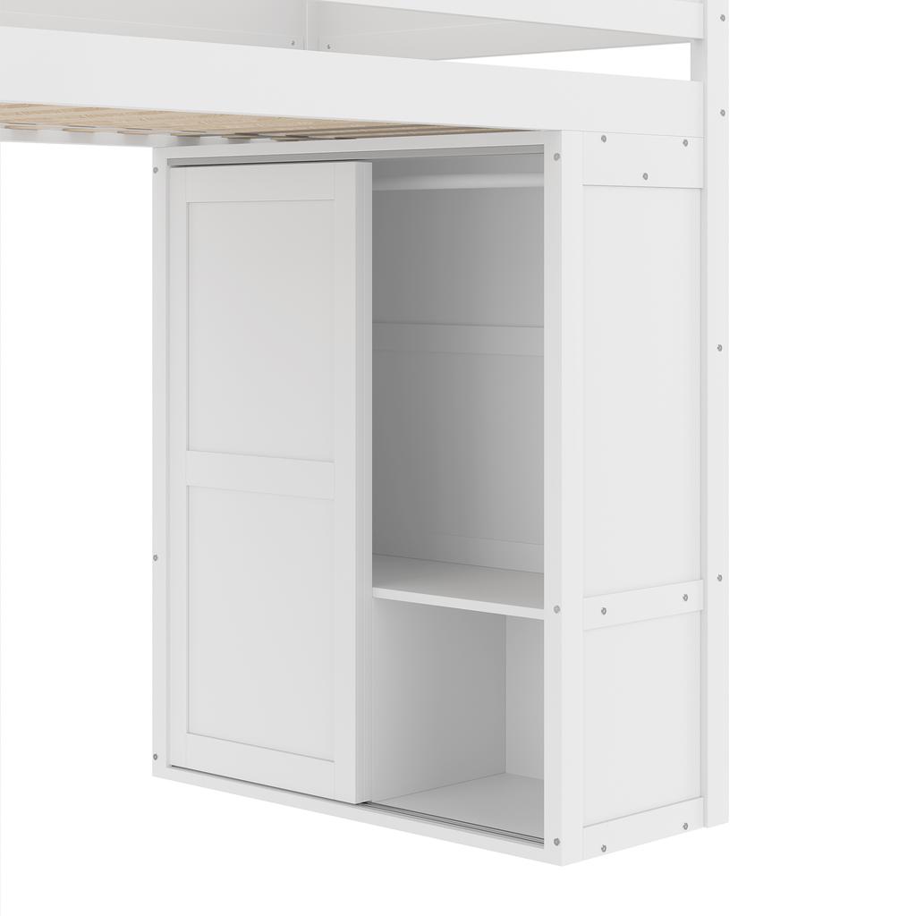 90*200Cm loft bed, versatile children's bed, equipped with wardrobe, storage compartment, open under-bed space, without mattress, pine wood, white