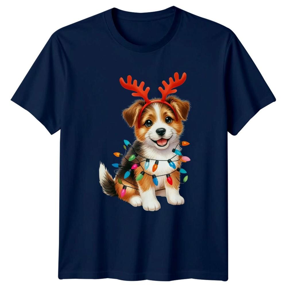 Puppy Dog Reindeer Antlers Christmas Lights Holidays Unisexs Unisexs Graphic Tee