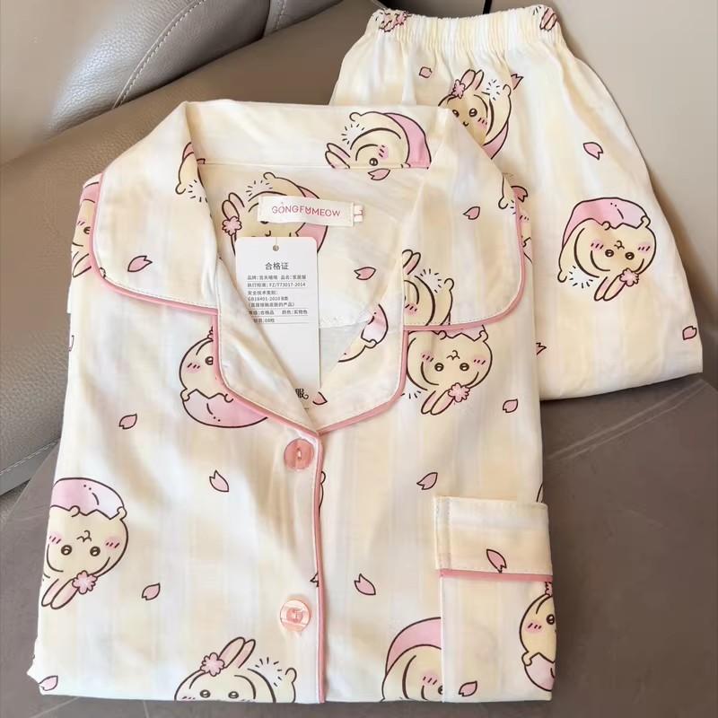 

Japanese ins style cherry blossom Usaki pajamas women s summer short-sleeved shorts cardigan set can be worn outside loungewear XXL