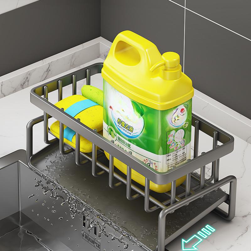 Stainless Steel Self Draining Sink Shelf Kitchen Organizer with Rod for Sponge Storage and Faucet Holder