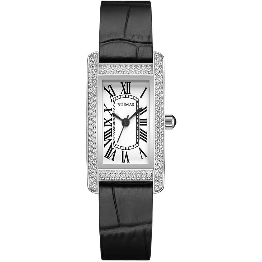 Women s Watch Black Leather Band Fashion Quartz Silver Watch Waterproof Roman Numeral Women Diamond Watch