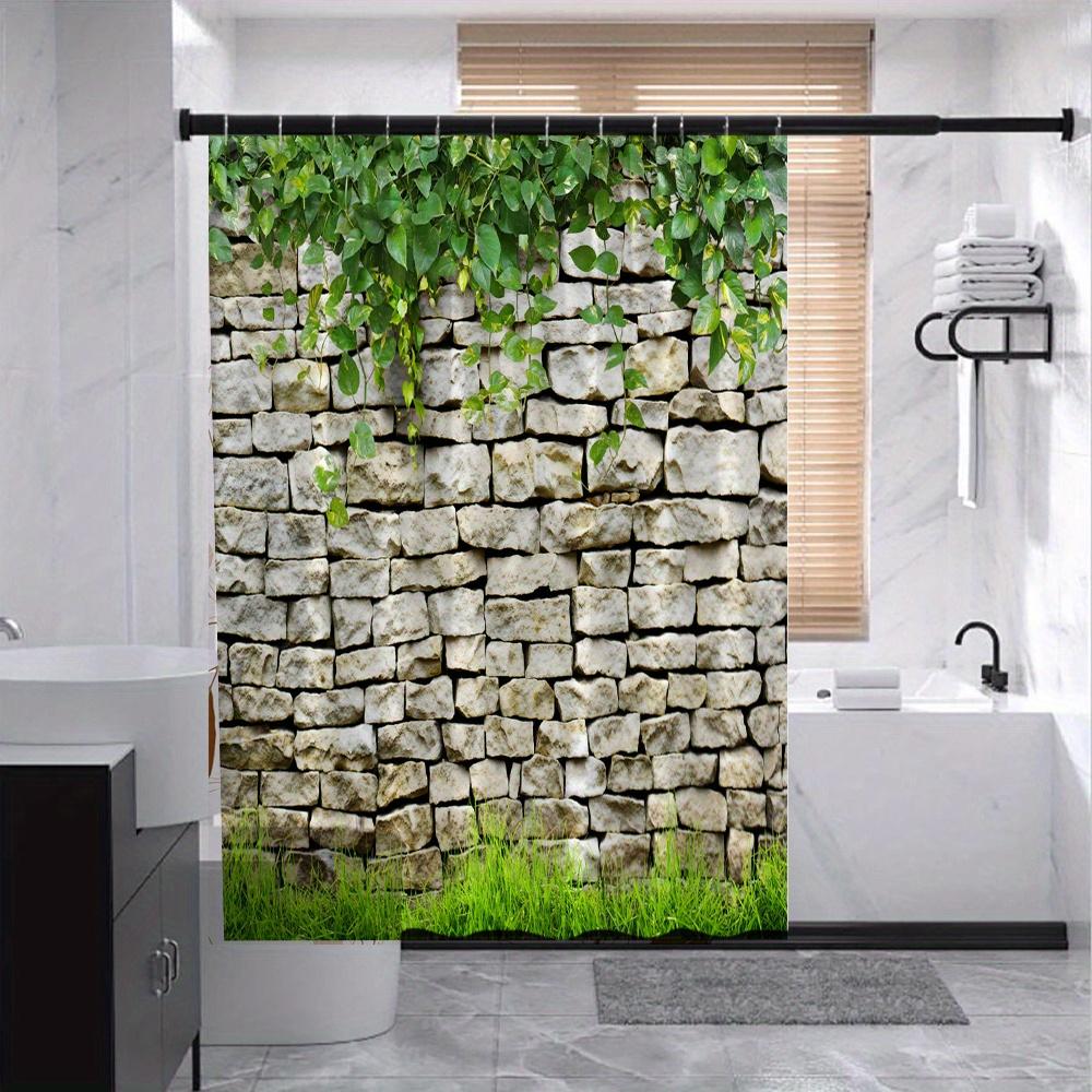 Vintage Stone Wall Bath Curtain - Lush Greenery & Grass, Waterproof Home Decor Adds Rustic Natural Beauty to Your Bathroom