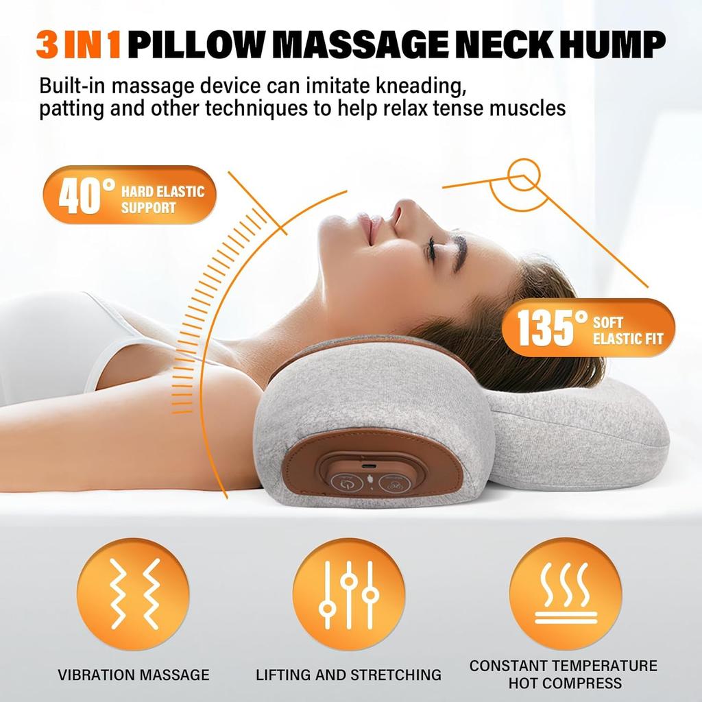 3-in-1 Neck Massager Pillow, Pillow Massage Neck Hump Ergonomics Neck Massager for Pain Relief Deep Tissue with Heating Traction & Vibration Massage