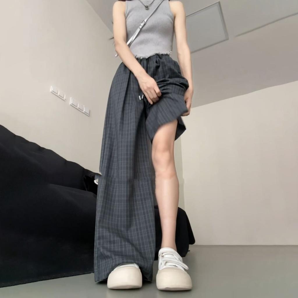 Frühlings-/Sommerliche fließende hochtaillierte karierte Hose mit geradem Bein für Damen - Lässige Weitbein-Hose