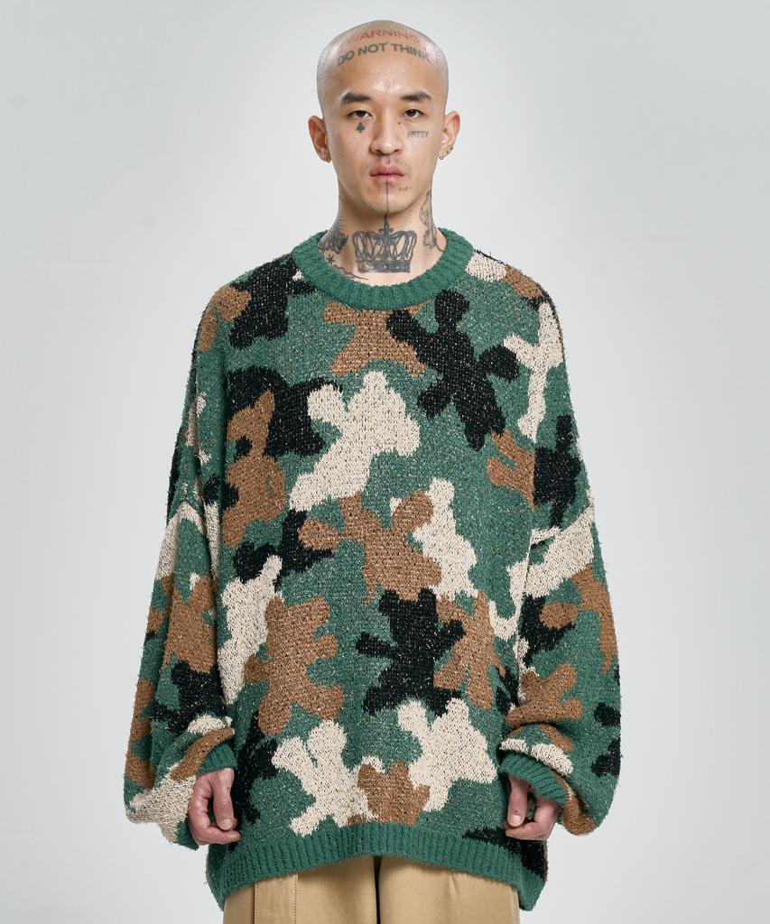 AJOBYAJO Teddy Bear Camouflage Knit Sweater [Khaki]