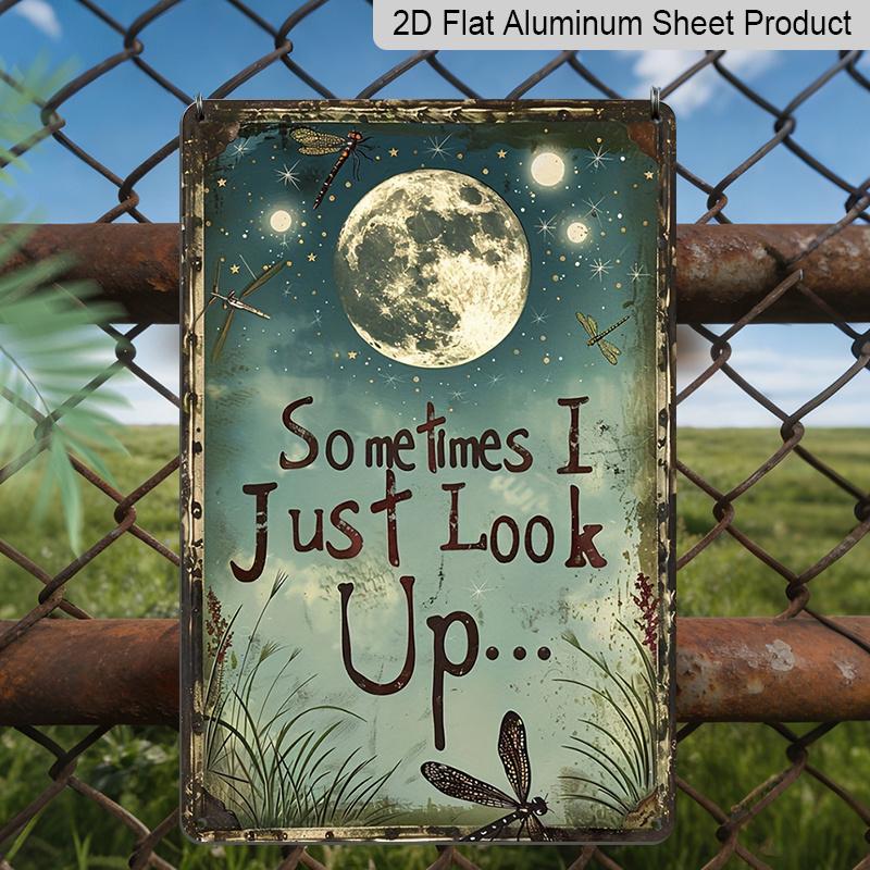 2D Flat Vintage Aluminum Dragonfly & Moon Sign with "Sometimes I Just Look Up" Quote - Rustic Farmhouse Wall Decor - Dark Blue Night Sky