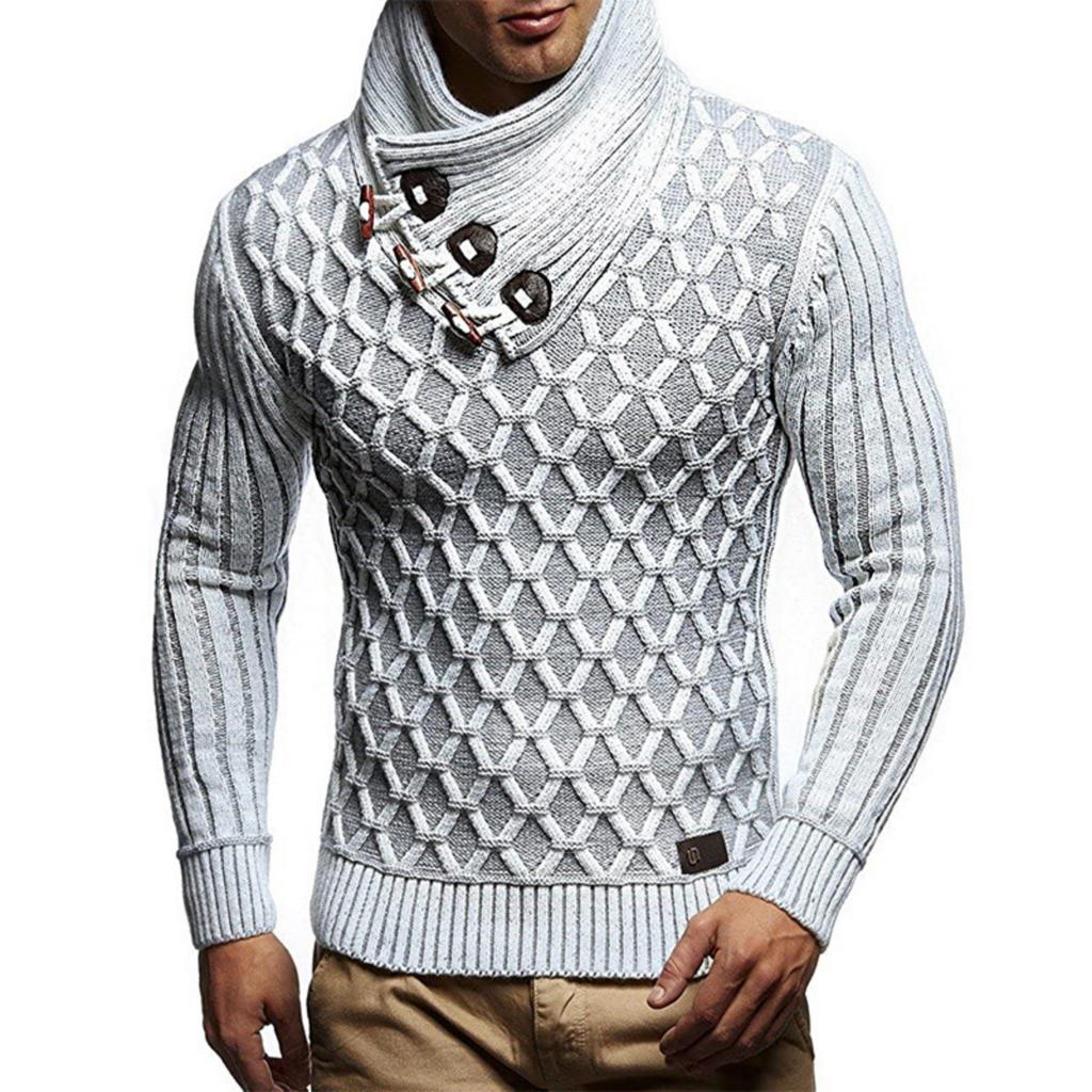 Men's Casual Solid-color Patchwork Style Long-sleeved Sweater, Men's High-neck Plaid Knitted Sweater In The Style Of A Scarf