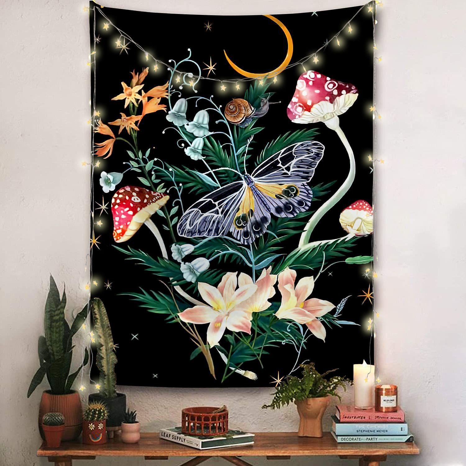 Garden tapestry moon phase tapestry flowers vines black background cloth home decoration wall carpet hanging cloth 74x94cm(29x37in)